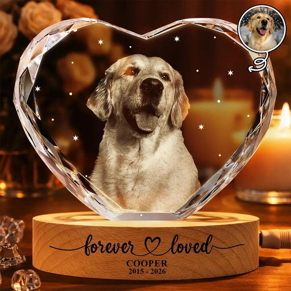 Custom Photo Forever Loved Memorial Dog Cat - Personalized Crystal Heart Shaped Lamp