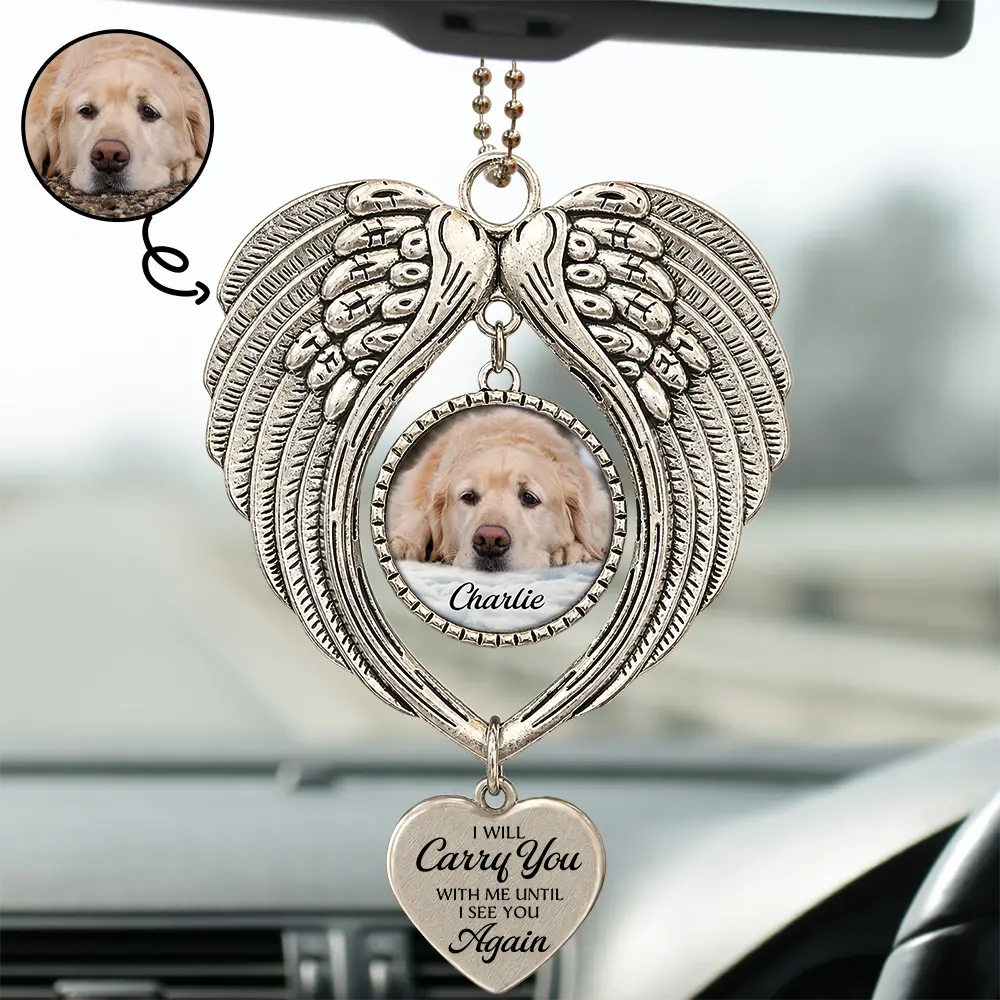 Sentimental,Christmas,Custom Photo,Pet Lovers,Memorial,Upload Full Photo - Custom Photo Memorial Pet I Will Carry You With Me - Personalized Angel Wings Photo Ornament