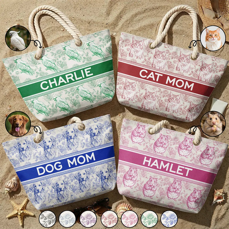 Custom Photo Pencil Sketch Art Dog Mom Pet Mom Toile Pattern - Personalized Beach Bag