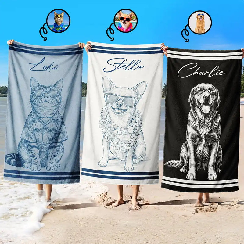 Custom Photo Pencil Sketch Besties Family Pet Funny Portrait - Personalized Beach Towel