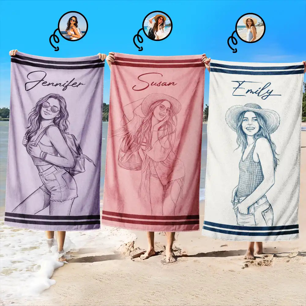 Custom Photo Pencil Sketch Besties Family Pet Funny Portrait - Personalized Beach Towel