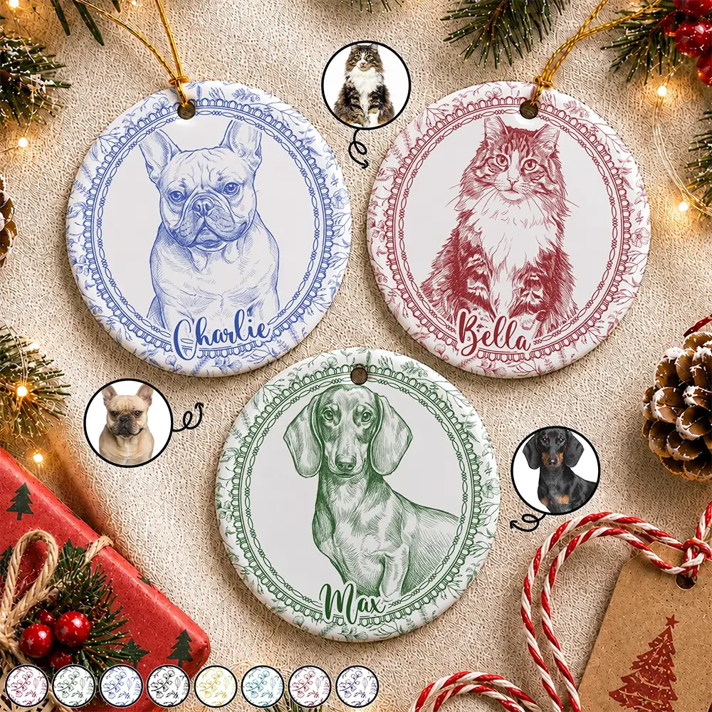 Custom Photo Pencil Sketch Dog Cat Pet Portrait Toile Remembrance - Personalized Circle Ceramic Ornament