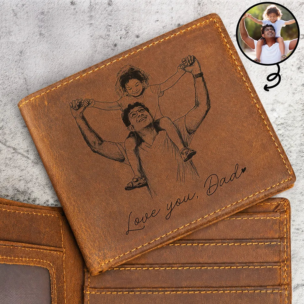 Custom Photo Pencil Sketch Family Dog Cat Portrait - Personalized Engraved Leather Wallet