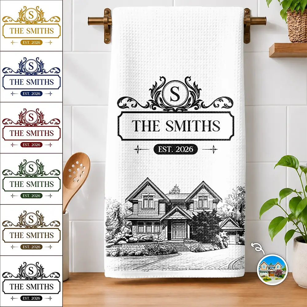 Art Design,New House,Married Couple,Gift For Couples,Photo - Pencil Sketch - Remove BG (For Landscape),Happy - Custom Photo Pencil Sketch Happy Family Monogram Married Couple New Home - Personalized Kitchen Towel