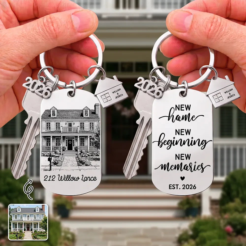 Art Design,Christmas,Proud,Gift For Couples,Photo - Pencil Sketch - Remove BG (For Landscape) - Custom Photo Pencil Sketch New Home New Beginnings New Memories - Personalized Stainless Steel Keychain