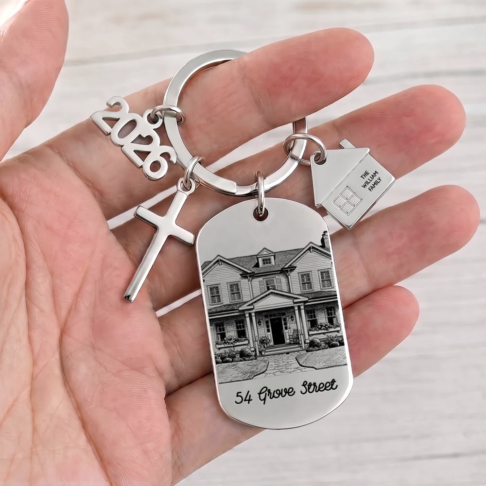 Art Design,Christmas,Proud,Gift For Couples,Photo - Pencil Sketch - Remove BG (For Landscape) - Custom Photo Pencil Sketch New Home New Beginnings New Memories - Personalized Stainless Steel Keychain