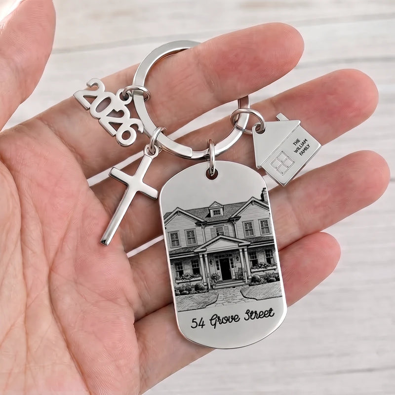 Art Design,Christmas,Proud,Gift For Couples,Photo - Pencil Sketch - Remove BG (For Landscape) - Custom Photo Pencil Sketch New Home New Beginnings New Memories - Personalized Stainless Steel Keychain