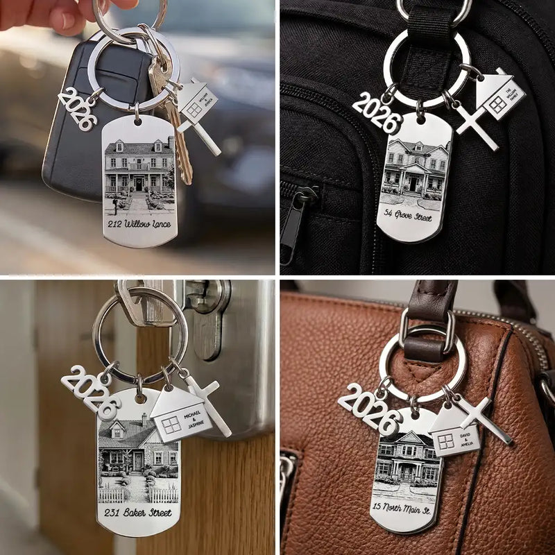 Art Design,Christmas,Proud,Gift For Couples,Photo - Pencil Sketch - Remove BG (For Landscape) - Custom Photo Pencil Sketch New Home New Beginnings New Memories - Personalized Stainless Steel Keychain
