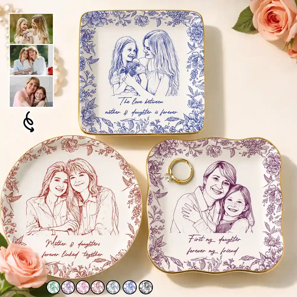 Custom Photo Pencil Sketch The Love Between Mother & Daughter - Personalized Ring Dish