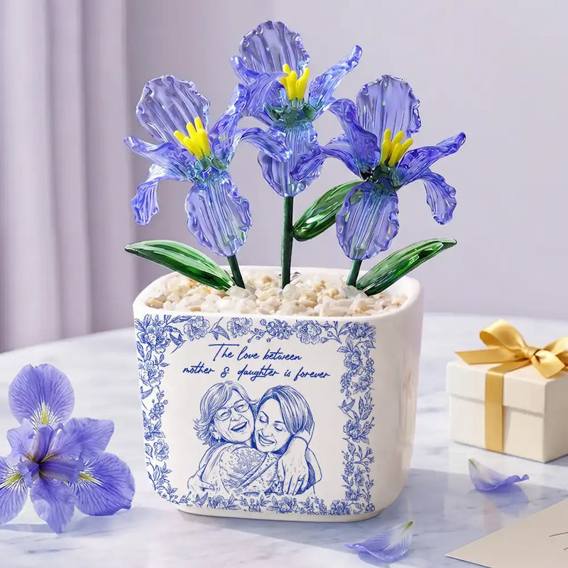 Custom Photo Pencil Sketch The Love Between Mother & Daughter Is Forever - Personalized Glass Flower Plant Pot