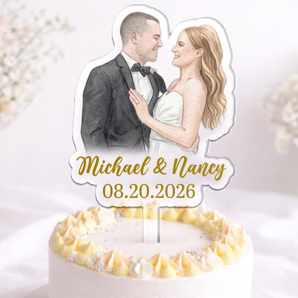 Gift For Couples, Married Couple, Custom Photo, Art Design, Wedding, Romantic, Photo - Watercolor - Remove BG - Custom Photo Realistic Watercolor Art Couples Wedding Engaged Bachelor Party - Personalized Acrylic Cake Topper