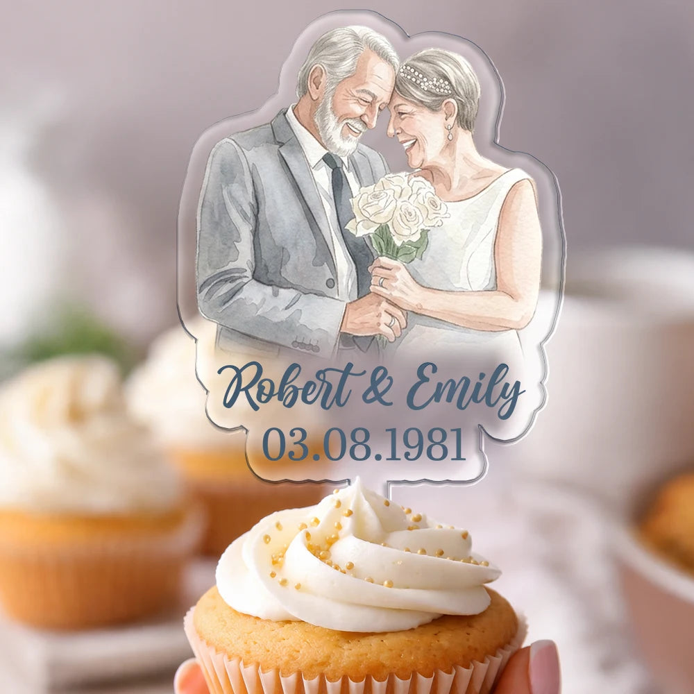 Gift For Couples, Married Couple, Custom Photo, Art Design, Wedding, Romantic, Photo - Watercolor - Remove BG - Custom Photo Realistic Watercolor Art Couples Wedding Engaged Bachelor Party - Personalized Acrylic Cake Topper