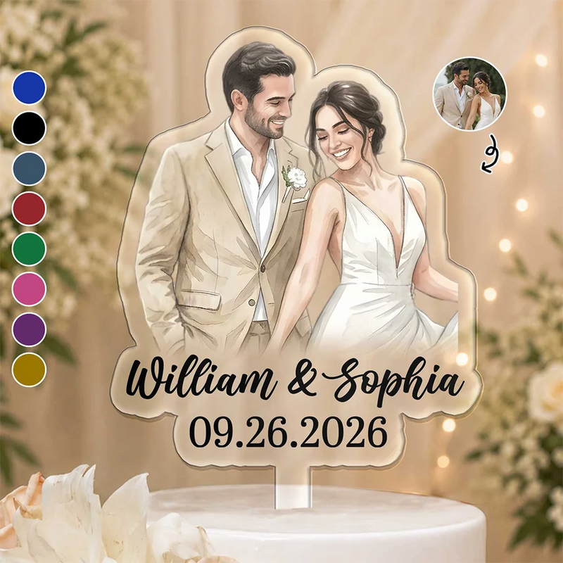 Gift For Couples, Married Couple, Custom Photo, Art Design, Wedding, Romantic, Photo - Watercolor - Remove BG - Custom Photo Realistic Watercolor Art Couples Wedding Engaged Bachelor Party - Personalized Acrylic Cake Topper