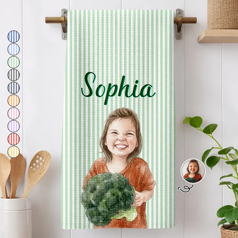 Art Design,Gift For Yourself,Gift For Women,Photo - Watercolor - Remove BG,Happy - Custom Photo Realistic Watercolor Art Grandma Mom Kid Portrait - Personalized Kitchen Towel