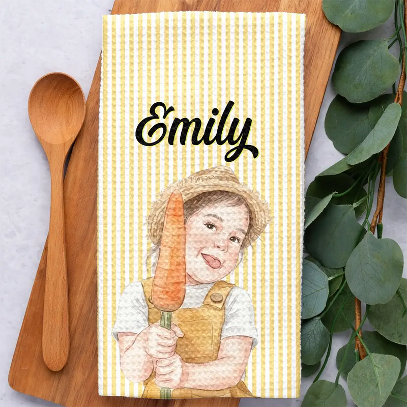 Art Design,Gift For Yourself,Gift For Women,Photo - Watercolor - Remove BG,Happy - Custom Photo Realistic Watercolor Art Grandma Mom Kid Portrait - Personalized Kitchen Towel