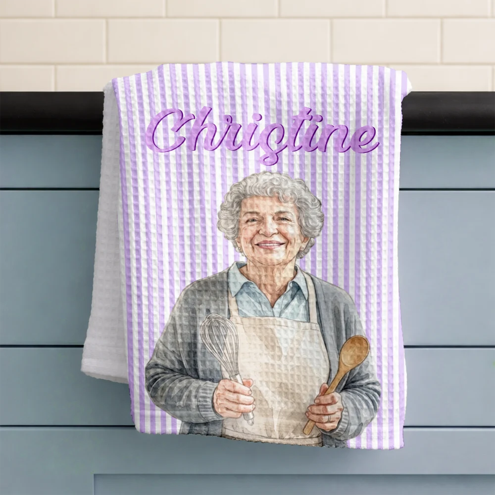 Art Design,Gift For Yourself,Gift For Women,Photo - Watercolor - Remove BG,Happy - Custom Photo Realistic Watercolor Art Grandma Mom Kid Portrait - Personalized Kitchen Towel