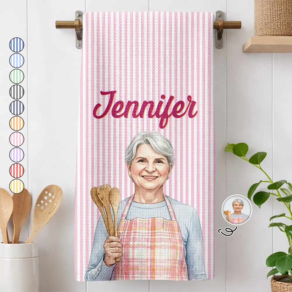 Art Design,Gift For Yourself,Gift For Women,Photo - Watercolor - Remove BG,Happy - Custom Photo Realistic Watercolor Art Grandma Mom Kid Portrait - Personalized Kitchen Towel