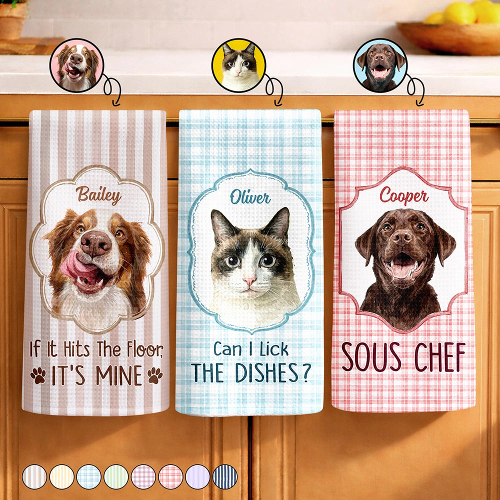 Dog Lovers,Pet Lovers,Cat Lovers,Funny,Non-Eng,Photo - Watercolor (remove BG) - Custom Photo Realistic Watercolor Art If It Hits The Floor It's Mine Dog cat - Personalized Kitchen Towel