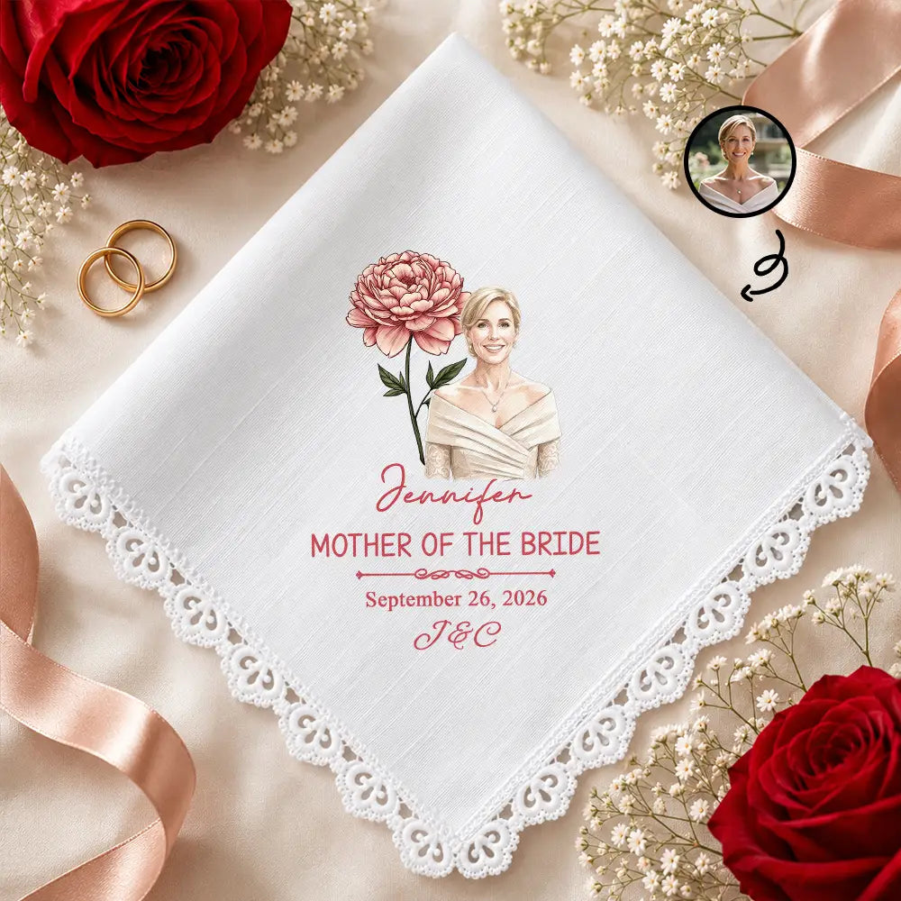Custom Photo Realistic Watercolor Art Mother Of The Bride Groom & Birth Flower - Personalized Handkerchief