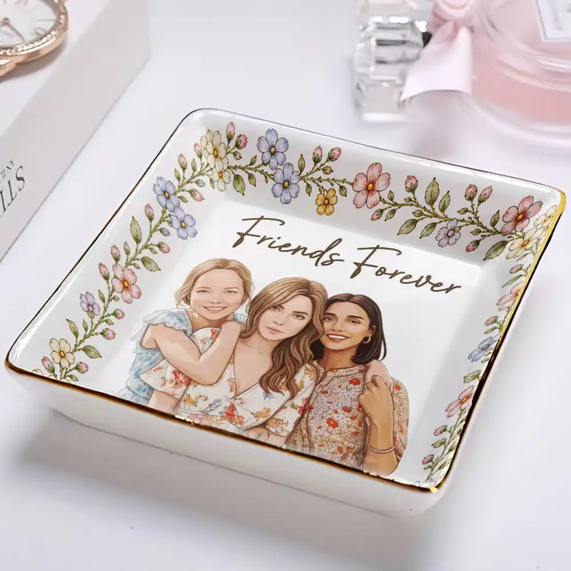 Art Design,Gift For Bestie,Photo - Semi Realistic Portrait,Happy - Custom Photo Semi Realistic Portrait Besties Forever - Personalized Ring Dish