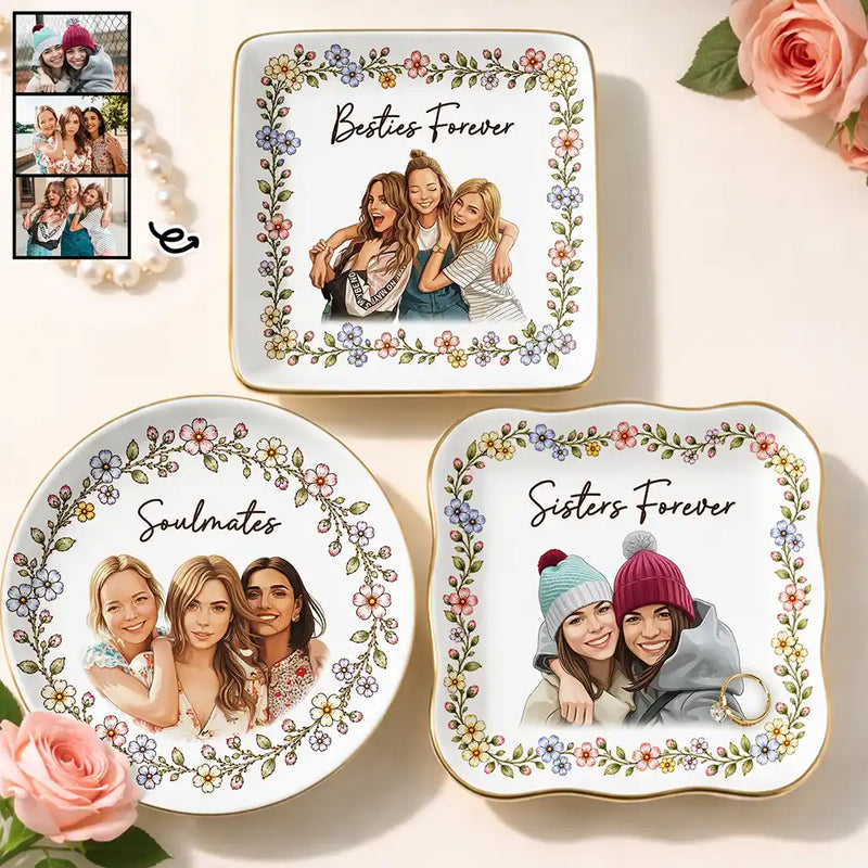 Art Design,Gift For Bestie,Photo - Semi Realistic Portrait,Happy - Custom Photo Semi Realistic Portrait Besties Forever - Personalized Ring Dish
