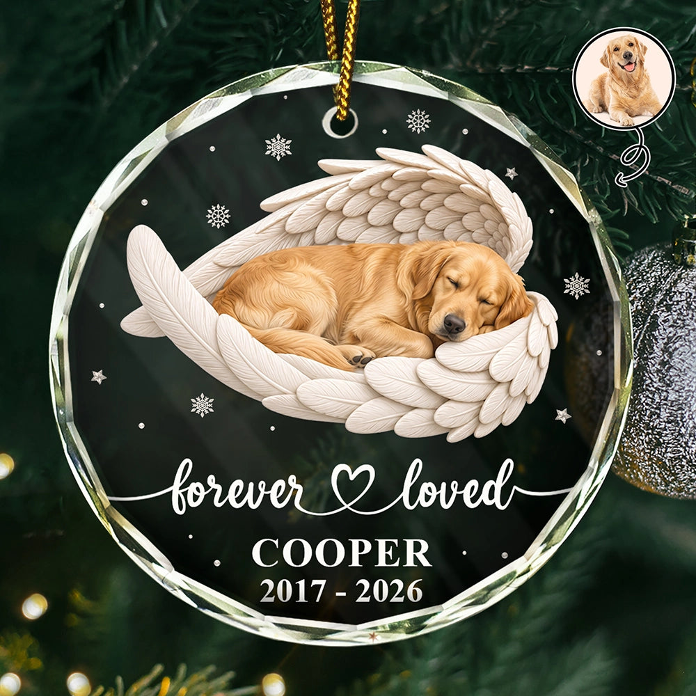Art Design,Healing,Christmas,Pet Memorial,Pet Lovers,Memorial,Photo - Sleeping Pet Angle Wing - Custom Photo Sleeping Angel Forever Loved Memorial Dog Cat - Personalized Circle Glass Ornament