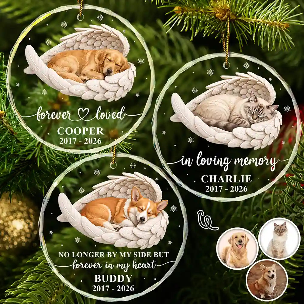 Art Design,Healing,Christmas,Pet Memorial,Pet Lovers,Memorial,Photo - Sleeping Pet Angle Wing - Custom Photo Sleeping Angel Forever Loved Memorial Dog Cat - Personalized Circle Glass Ornament