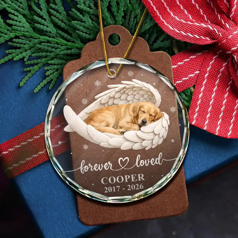 Art Design,Healing,Christmas,Pet Memorial,Pet Lovers,Memorial,Photo - Sleeping Pet Angle Wing - Custom Photo Sleeping Angel Forever Loved Memorial Dog Cat - Personalized Circle Glass Ornament