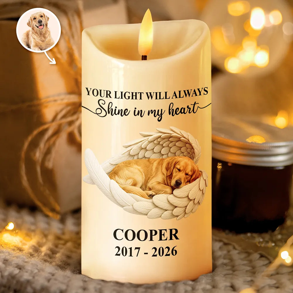 Custom Photo Sleeping Angel Your Light Will Always Shine Memorial Dog Cat Remembrance - Personalized Flameless LED Candle