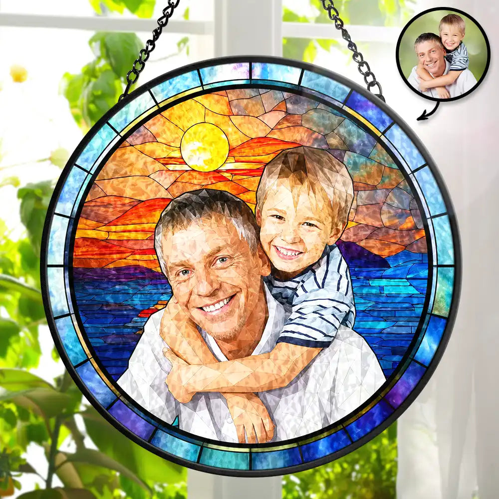 Custom Photo Stained Glass Dad Grandpa Papa Family - Personalized Stained Glass Window Hanging Suncatcher