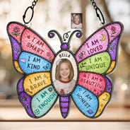 Gift For Kids,Gift For Daughter,Gift For Son,Happy,Photo - Stained Glass - Custom Photo Stained Glass I Am Smart Kind Brave Butterfly - Personalized Window Hanging Suncatcher Ornament