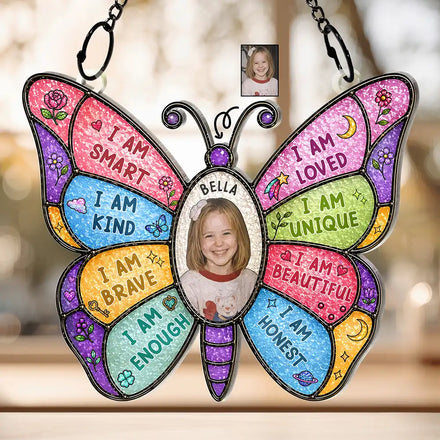 Custom Photo Stained Glass I Am Smart Kind Brave Butterfly - Personalized Window Hanging Suncatcher Ornament