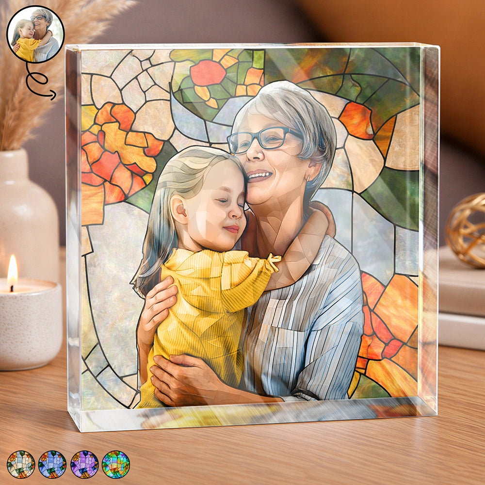 Photo - Stained Glass,Gift For Wife,Gift For Mother,Gift For Grandma,Gift For Grandparents,Family,Love,Non-Eng - Custom Photo Stained Glass Portrait Mom Grandma Parents Family - Personalized Square Shaped Acrylic Plaque