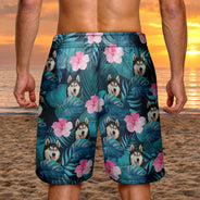 Custom Photo Tropical Leaves Funny Family Pet Face - Personalized Unisex Beach Shorts