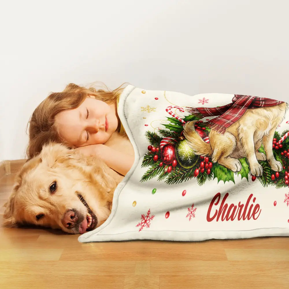 Art Design, Christmas, Pet Lovers, Photo - Pet With Fall Leaves, Happy - Custom Photo Watercolor Christmas Dog Pet Lover Gift - Personalized Fleece Blanket, Sherpa Blanket