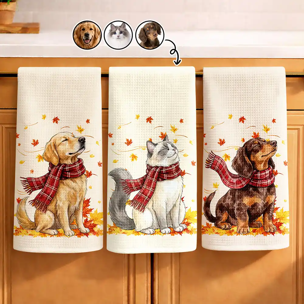 Top Market,Pet Couple,Art Design,Cozy,Pet Lovers,Gift For Couples,Photo - Pet With Fall Leaves - Custom Photo Watercolor Fall Leaves Dog Pet Lovers Portrait - Personalized Kitchen Towel