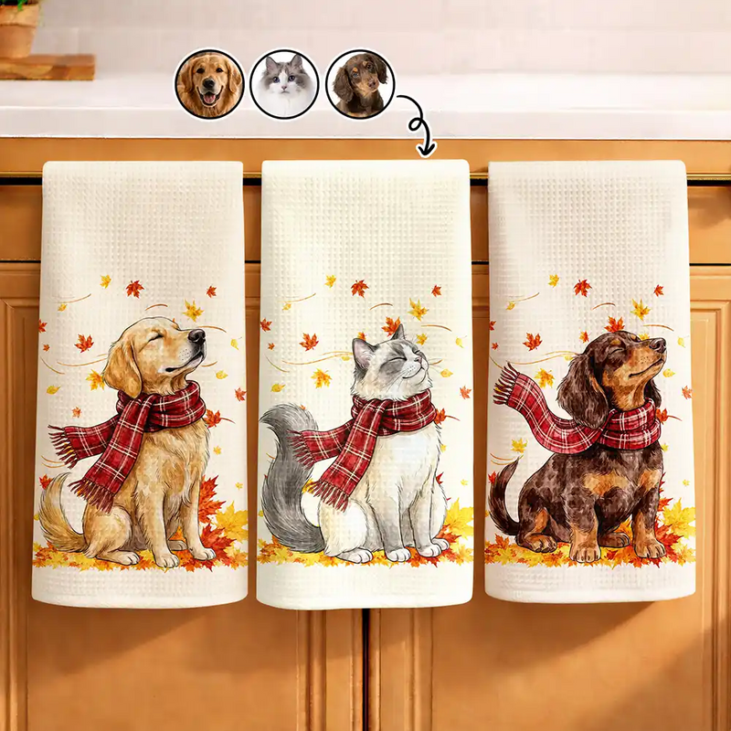 Top Market,Pet Couple,Art Design,Cozy,Pet Lovers,Gift For Couples,Photo - Pet With Fall Leaves - Custom Photo Watercolor Fall Leaves Dog Pet Lovers Portrait - Personalized Kitchen Towel