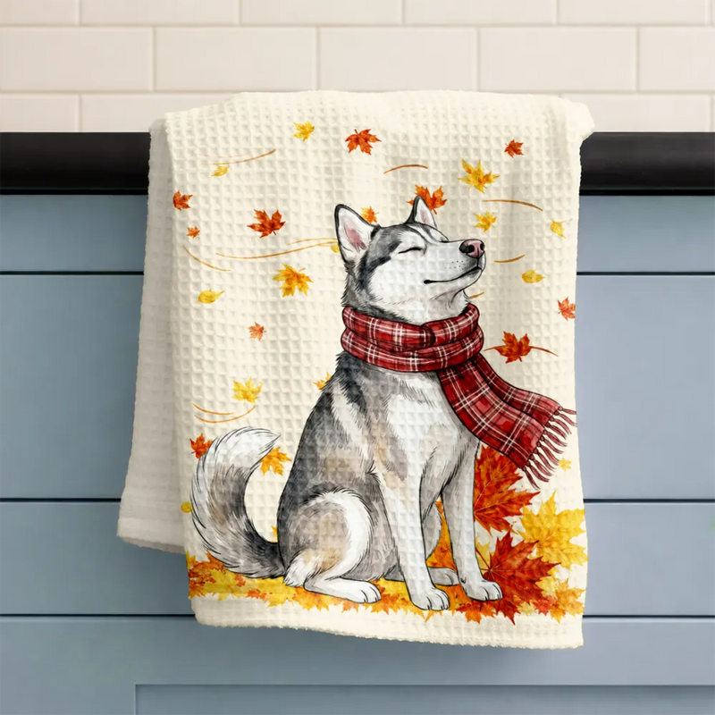 Top Market,Pet Couple,Art Design,Cozy,Pet Lovers,Gift For Couples,Photo - Pet With Fall Leaves - Custom Photo Watercolor Fall Leaves Dog Pet Lovers Portrait - Personalized Kitchen Towel