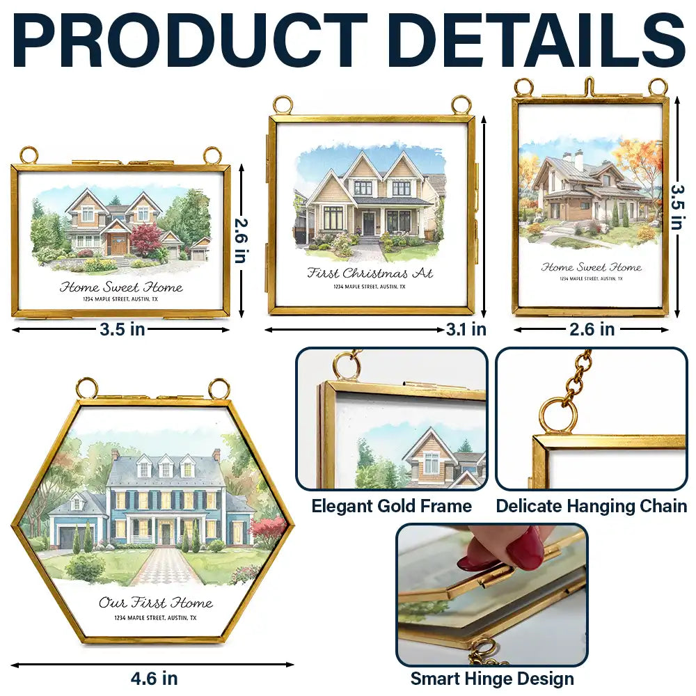 Art Design,Christmas,Family,Photo - Watercolor - With BG,Happy - Custom Photo Watercolor Painting First Christmas In Our New Home - Personalized Metal Frame Ornament