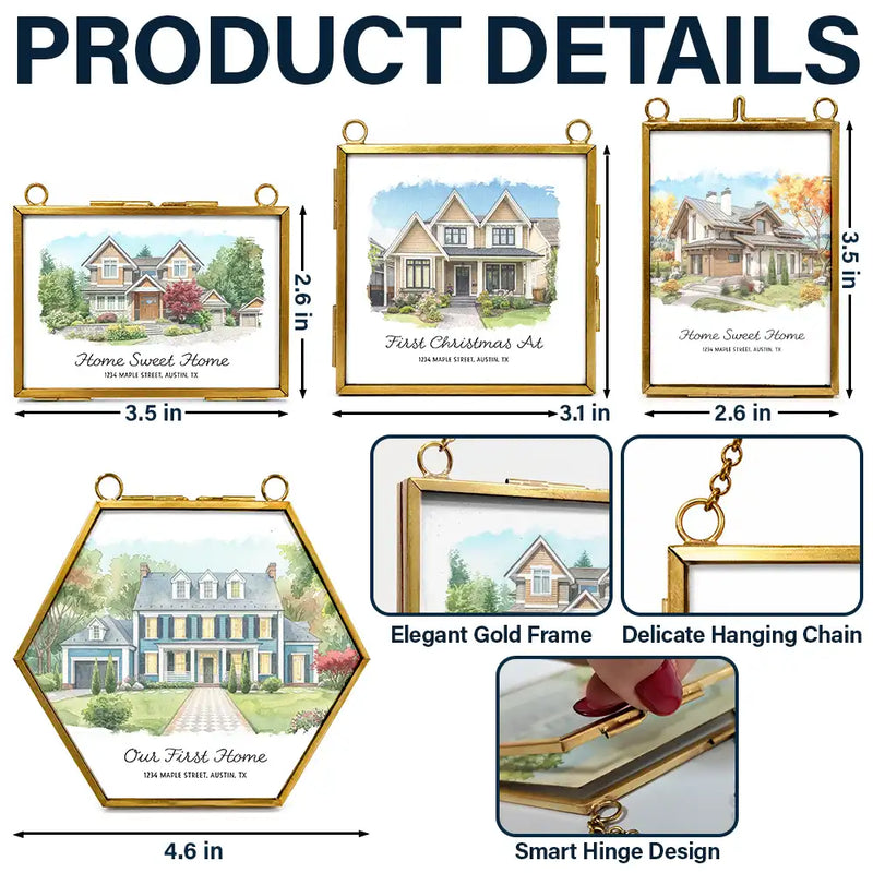 Art Design,Christmas,Family,Photo - Watercolor - With BG,Happy - Custom Photo Watercolor Painting First Christmas In Our New Home - Personalized Metal Frame Ornament
