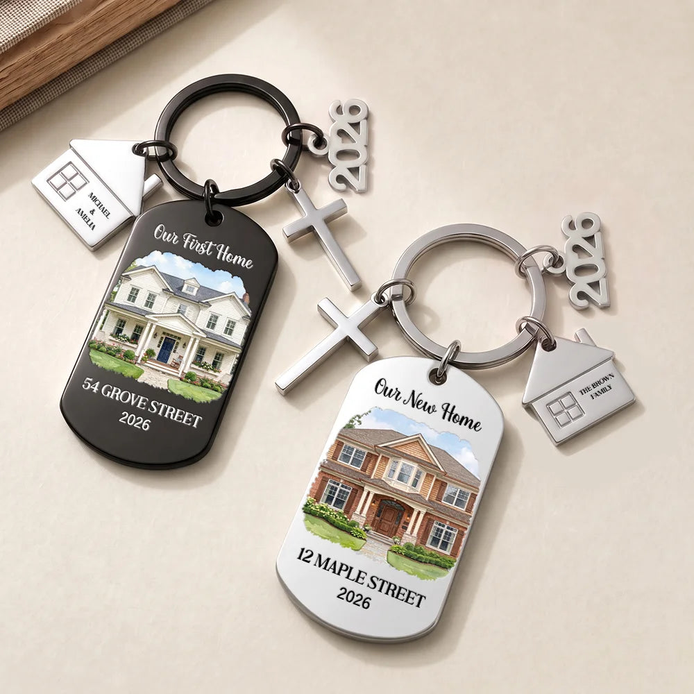 Art Design,Christmas,Proud,Gift For Couples,Photo - Watercolor - With BG - Custom Photo Watercolor Painting Our First Home Together Gift For Husband And Wife - Personalized Stainless Steel Keychain