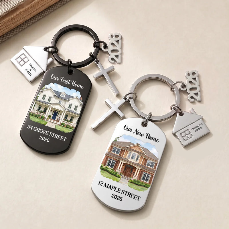 Art Design,Christmas,Proud,Gift For Couples,Photo - Watercolor - With BG - Custom Photo Watercolor Painting Our First Home Together Gift For Husband And Wife - Personalized Stainless Steel Keychain