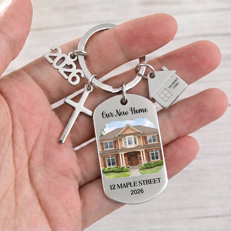 Art Design,Christmas,Proud,Gift For Couples,Photo - Watercolor - With BG - Custom Photo Watercolor Painting Our First Home Together Gift For Husband And Wife - Personalized Stainless Steel Keychain