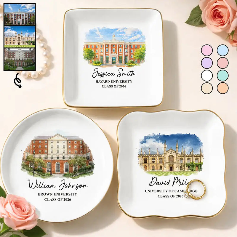 Gift For Women,Gift For Men,Graduation,Gift For Yourself,Happy,Photo - Watercolor (with BG) - Custom Photo Watercolor Painting University Image - Personalized Ring Dish