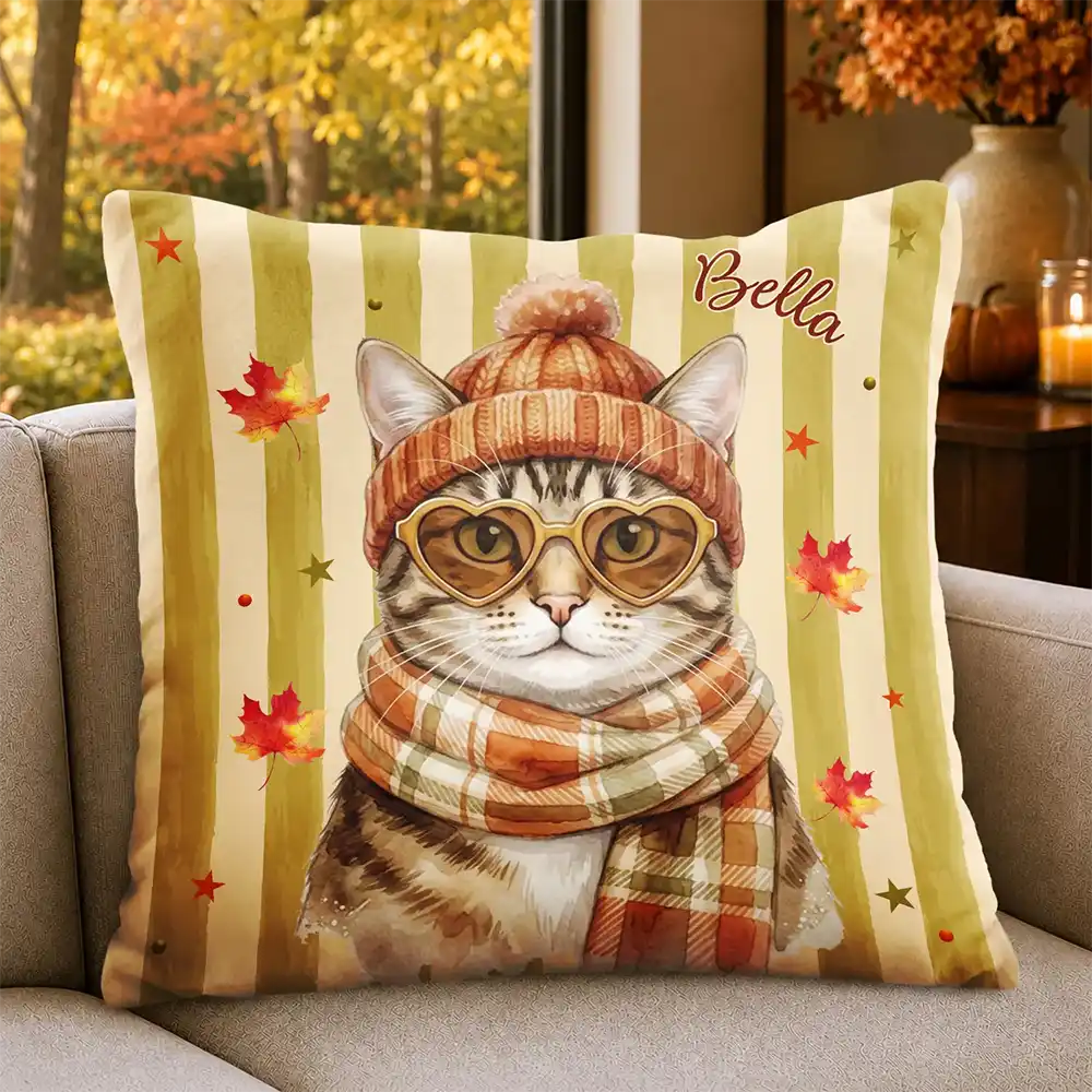 Custom Photo Watercolor Pet With Autumn Accessories Autumn Lovely Dog Cat Portrait - Personalized Pillow