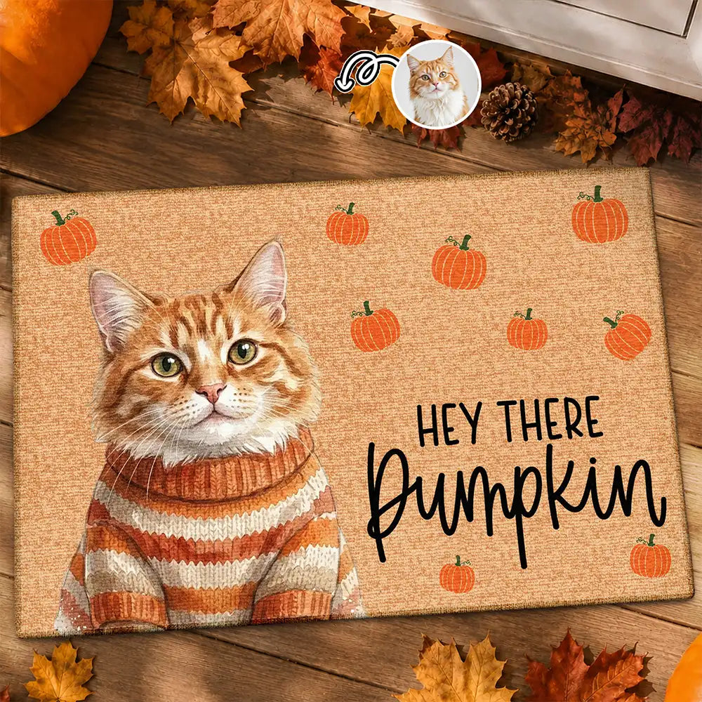 Custom Photo Watercolor Pet With Autumn Accessories Hey There Pumpkin - Personalized Doormat