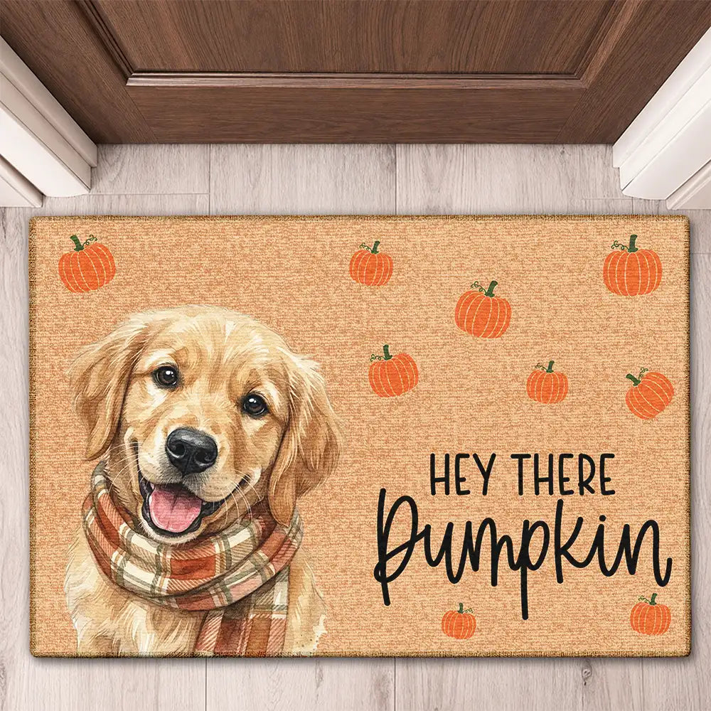 Custom Photo Watercolor Pet With Autumn Accessories Hey There Pumpkin - Personalized Doormat