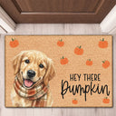 Custom Photo Watercolor Pet With Autumn Accessories Hey There Pumpkin - Personalized Doormat