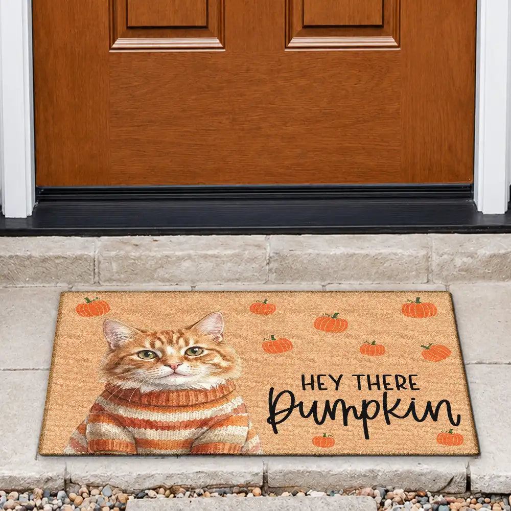 Custom Photo Watercolor Pet With Autumn Accessories Hey There Pumpkin - Personalized Doormat