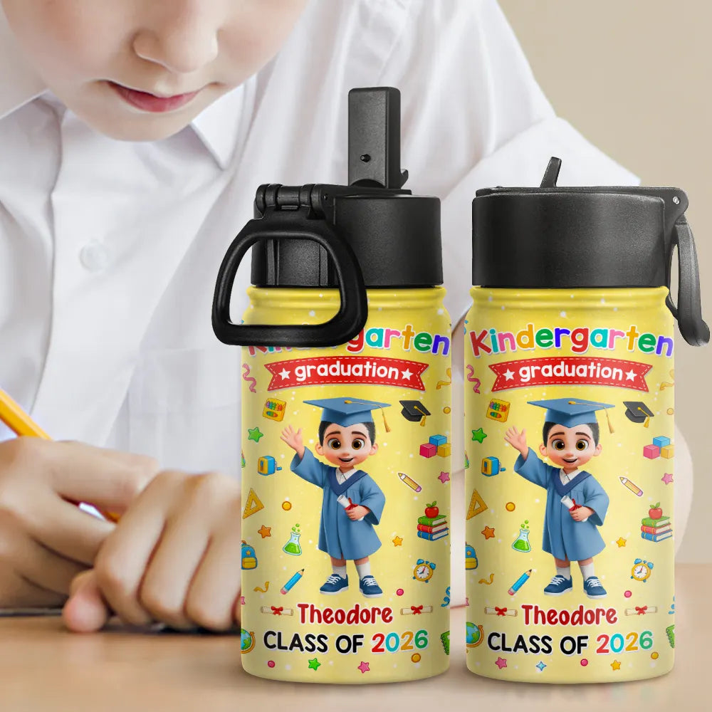 Graduation,Gift For Grandkids,Gift For Kids,Happy,Vector - Cute Graduation Kid Kindergarten Preschool - Personalized Kids Water Bottle